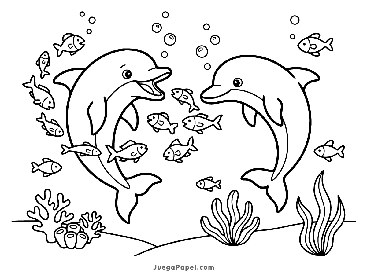 Dibujo para colorear e imprimir de Delfines Felices en el Fondo del Mar