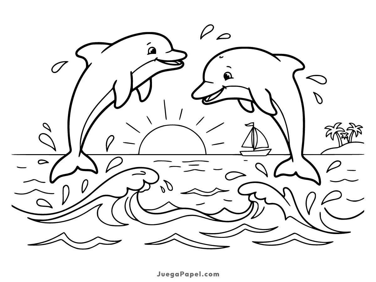 Dibujo para colorear e imprimir de Delfines Saltando en el Mar al Atardecer