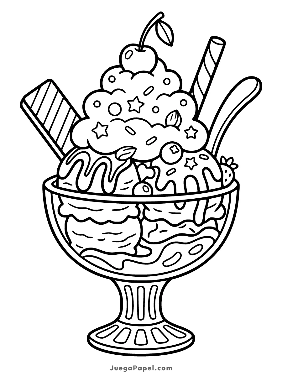 Dibujo para colorear e imprimir de Deliciosa Copa de Helado con Toppings