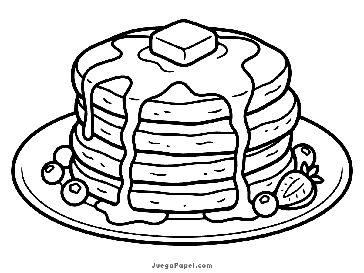 Dibujo para colorear e imprimir de Deliciosa Torre de Panqueques con Mantequilla y Frutas