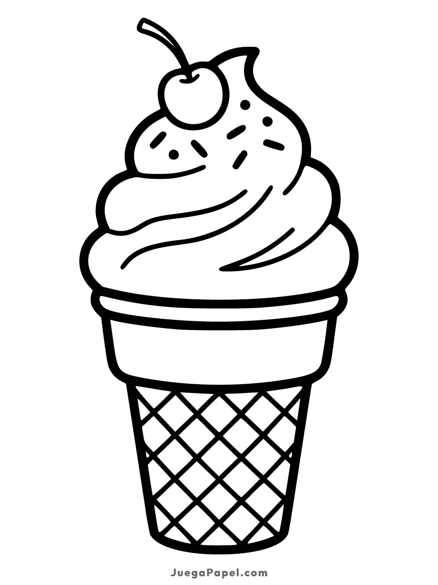 Dibujo para colorear e imprimir de Delicioso Helado en Cono con Cereza