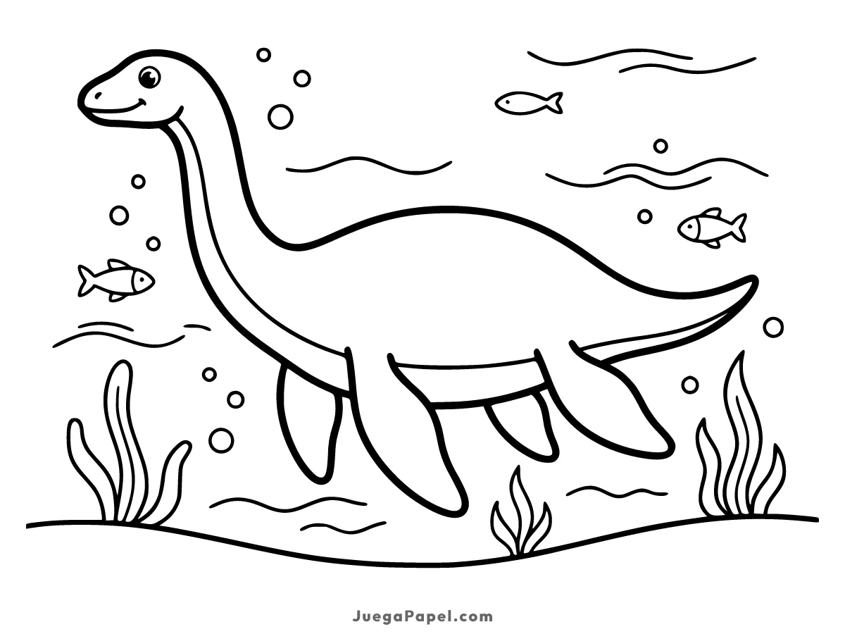 Dibujo para colorear e imprimir de Dinosaurio Acuático Amigable Nadando en el Mar