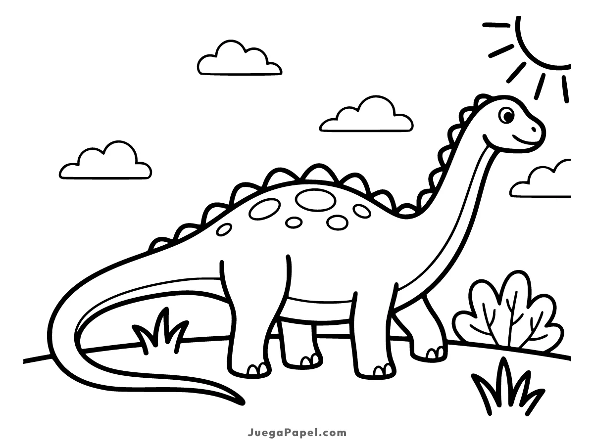 Dibujo para colorear e imprimir de Dinosaurio Amigable en la Pradera
