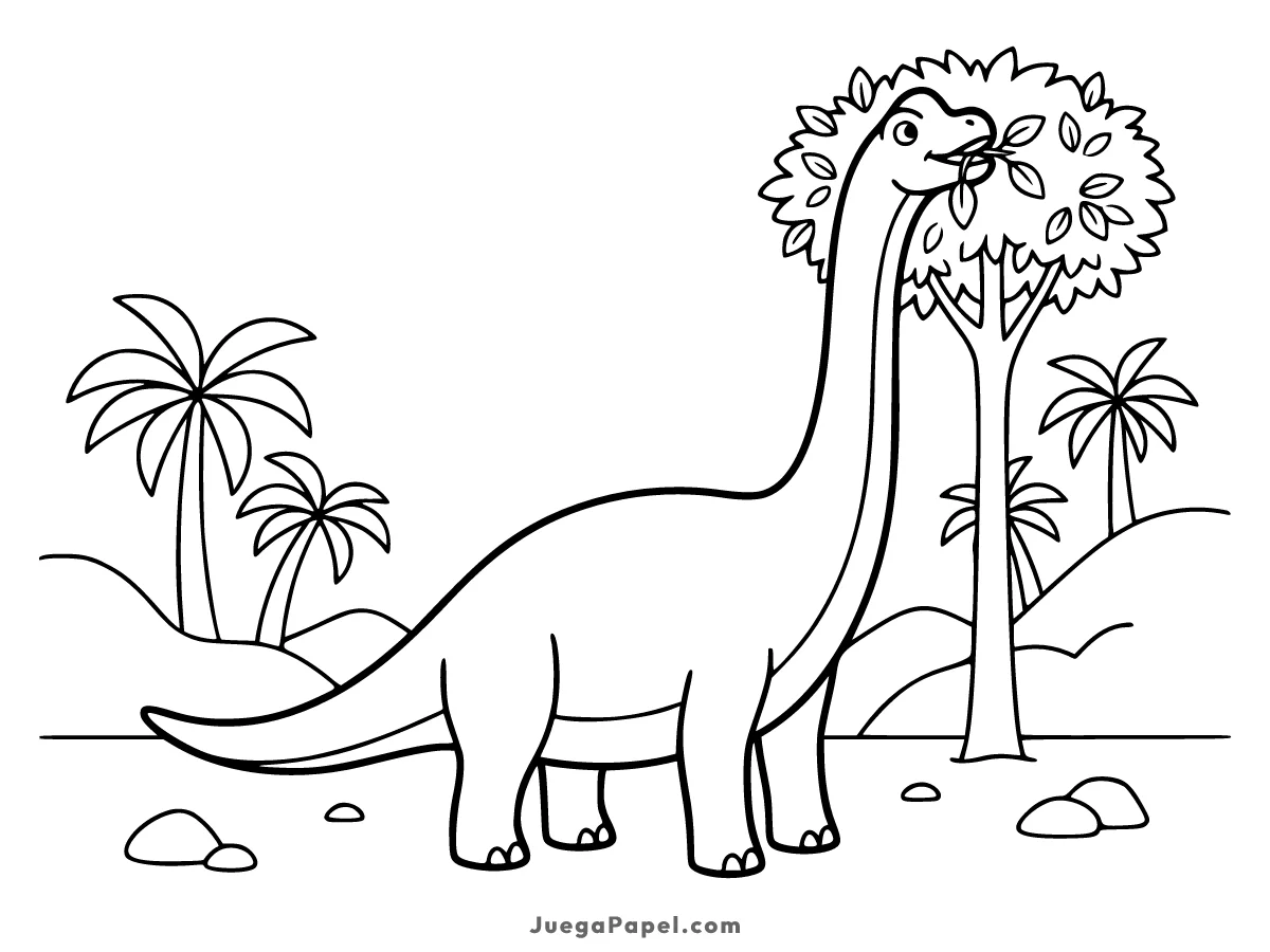 Dibujo para colorear e imprimir de Dinosaurio Amistoso Comiendo Hojas de Árbol