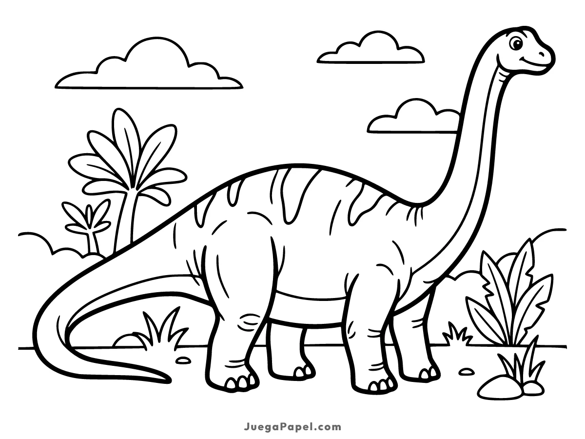 Dibujo para colorear e imprimir de Dinosaurio Brachiosaurus Amigable en la Selva