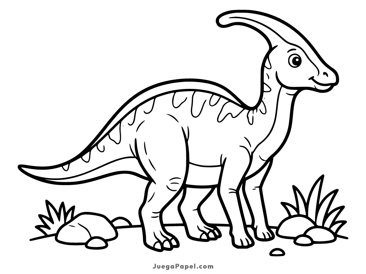 Dibujo para colorear e imprimir de Dinosaurio Parasaurolophus Amigable en la Naturaleza