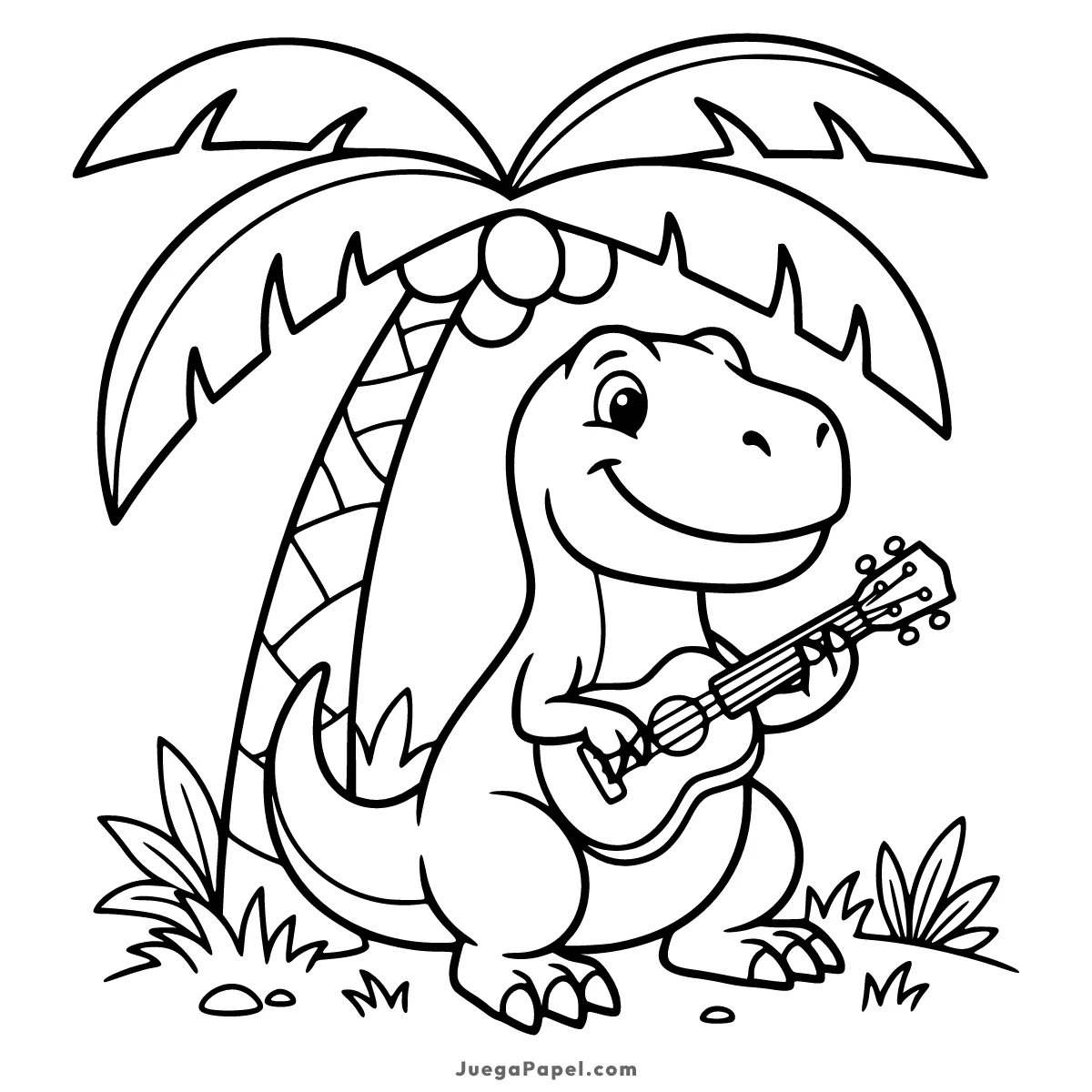 Dibujo para colorear e imprimir de Dinosaurio Tierno Tocando el Ukelele Bajo una Palmera