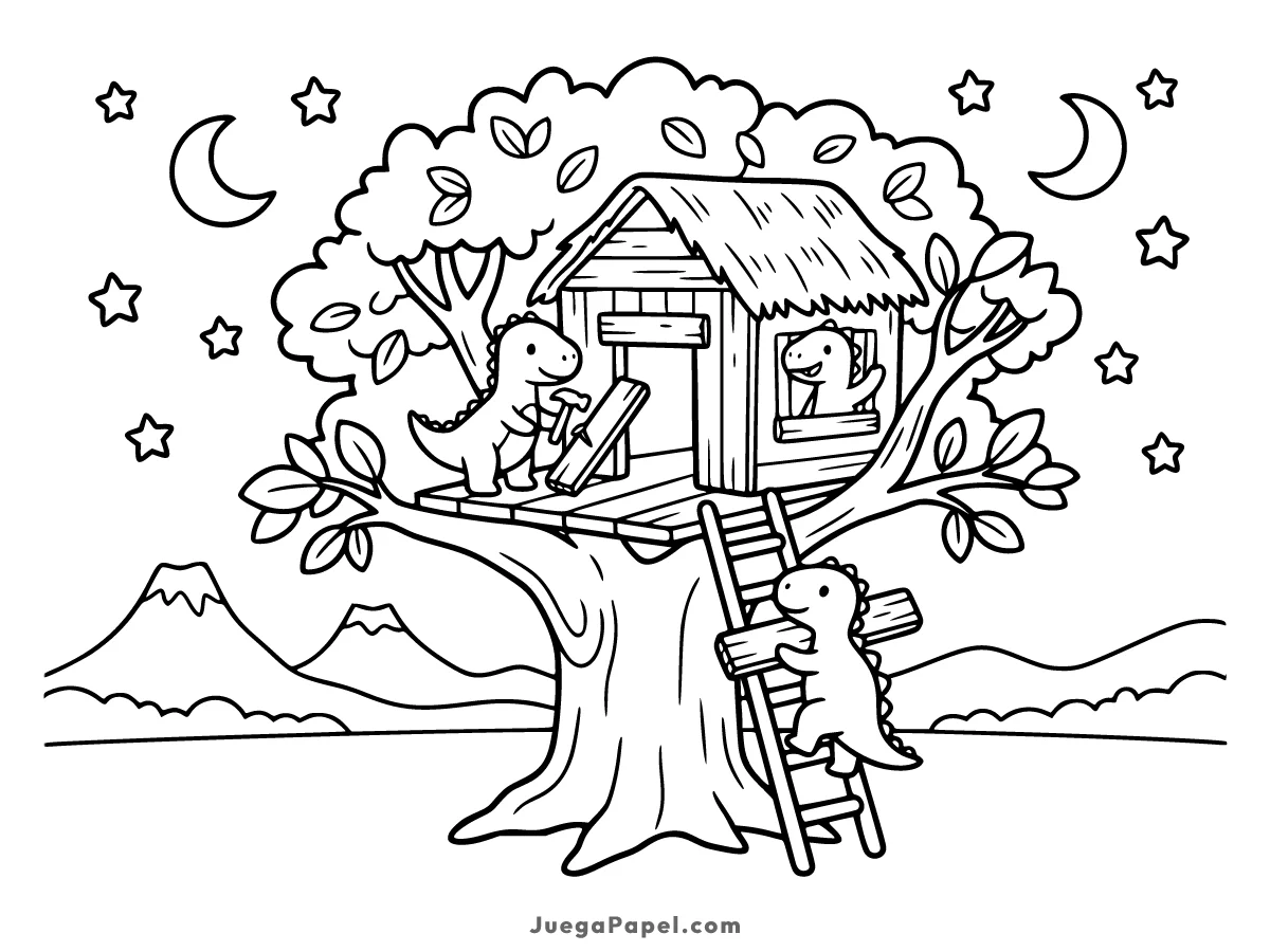 Dibujo para colorear e imprimir de Dinosaurios Construyendo una Casa en el Árbol
