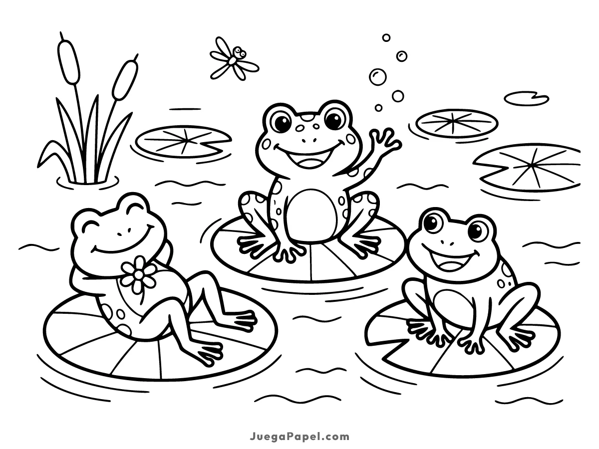 Dibujo para colorear e imprimir de Divertidas Ranas en el Estanque con Nenúfares