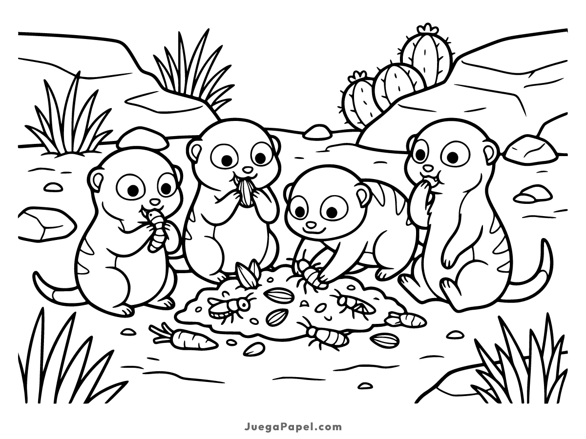 Dibujo para colorear e imprimir de Divertidas Suricatas Comiendo en el Desierto
