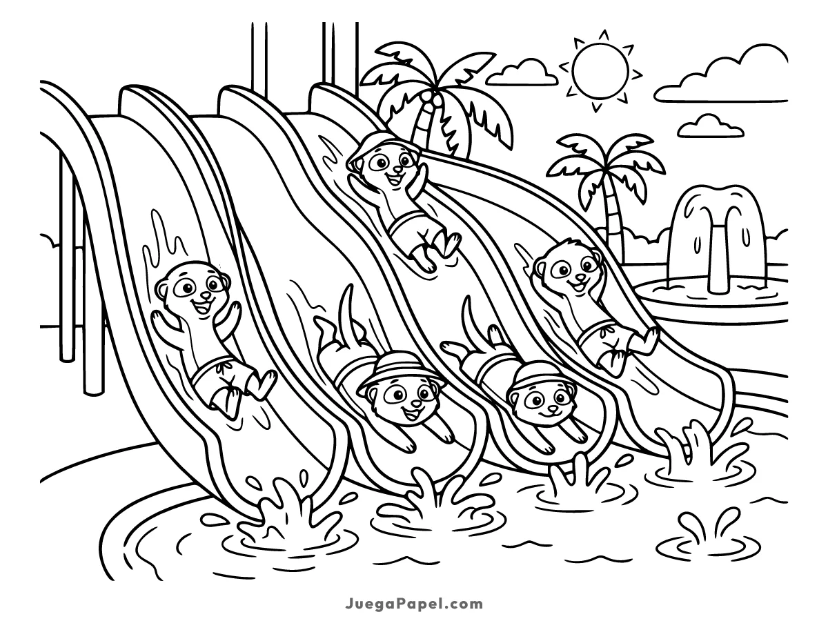 Dibujo para colorear e imprimir de Divertidas Suricatas en el Tobogán del Parque Acuático
