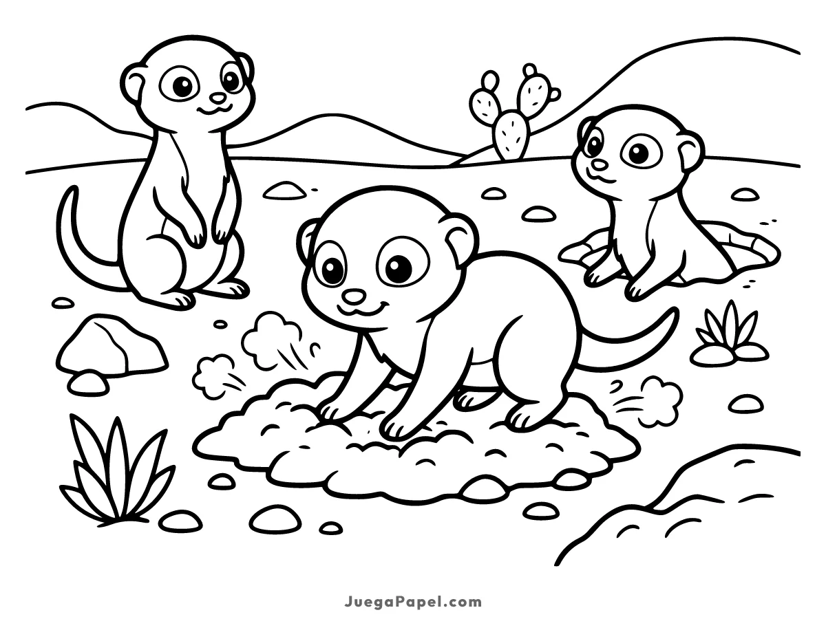 Dibujo para colorear e imprimir de Divertidas Suricatas Jugando en el Desierto
