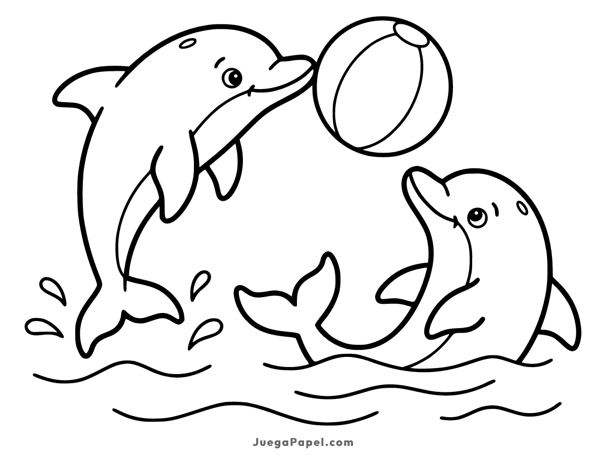 Dibujo para colorear e imprimir de Dos Delfines Jugando con una Pelota
