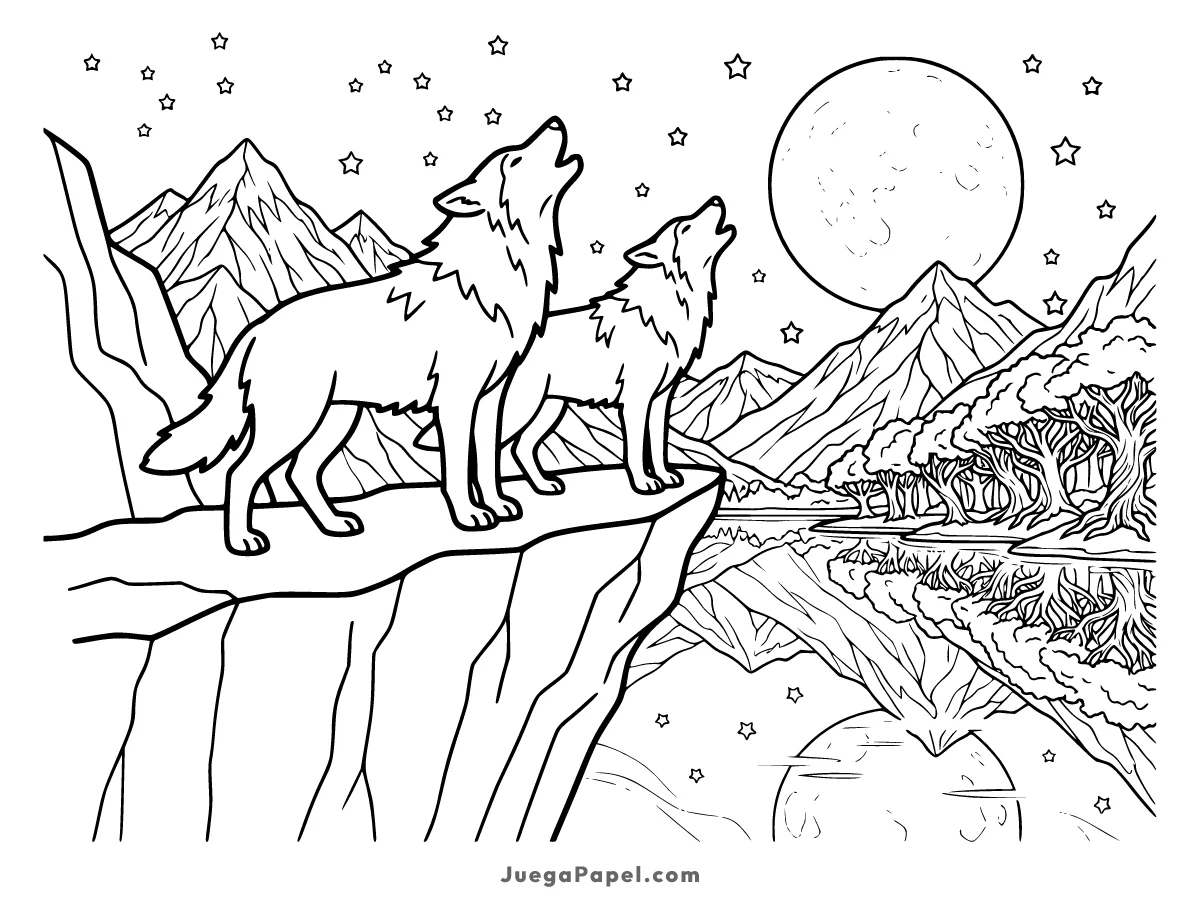 Dibujo para colorear e imprimir de Dos lobos aullando a la luna llena