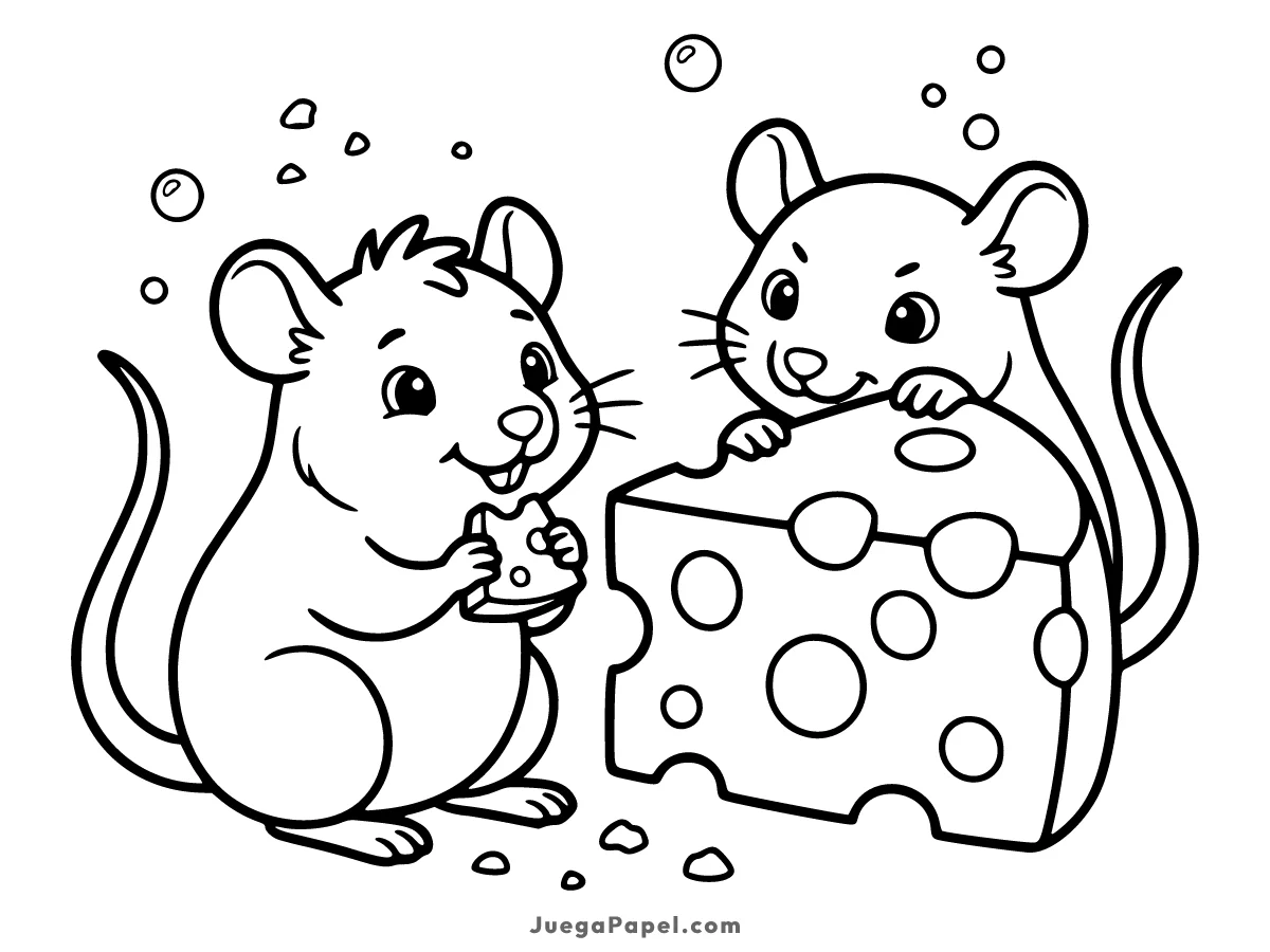 Dibujo para colorear e imprimir de Dos Ratones Felices Comiendo Queso