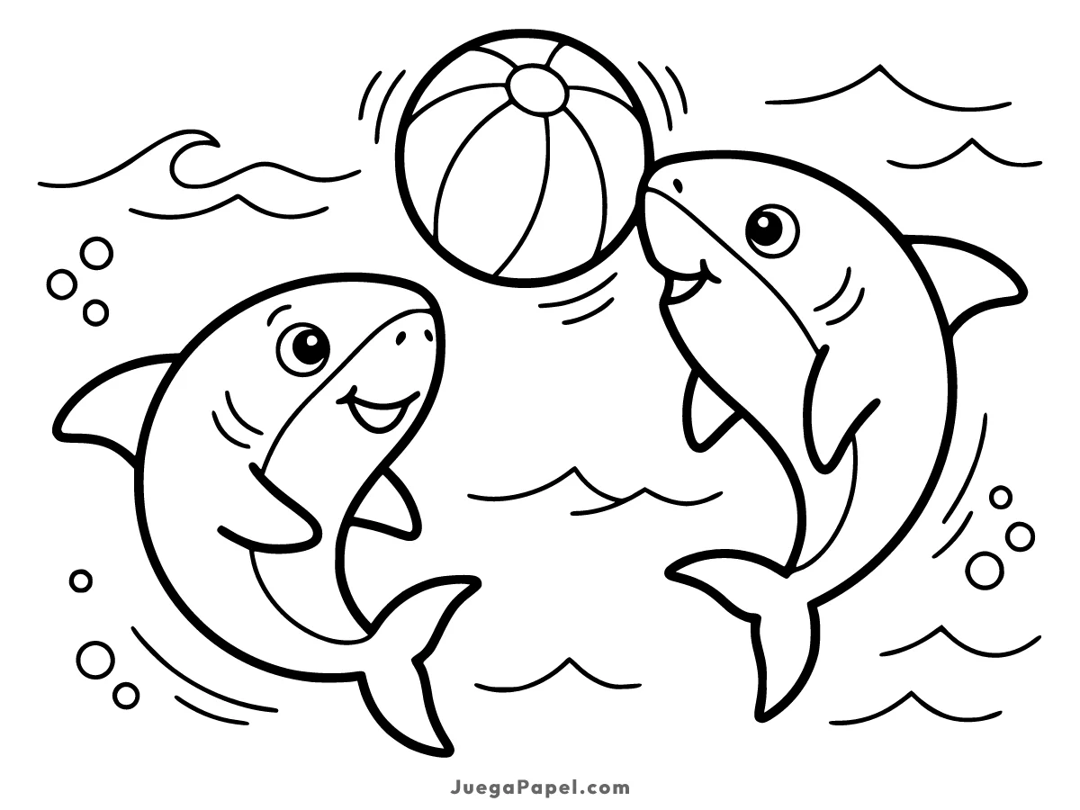 Dibujo para colorear e imprimir de Dos tiburones jugando con una pelota