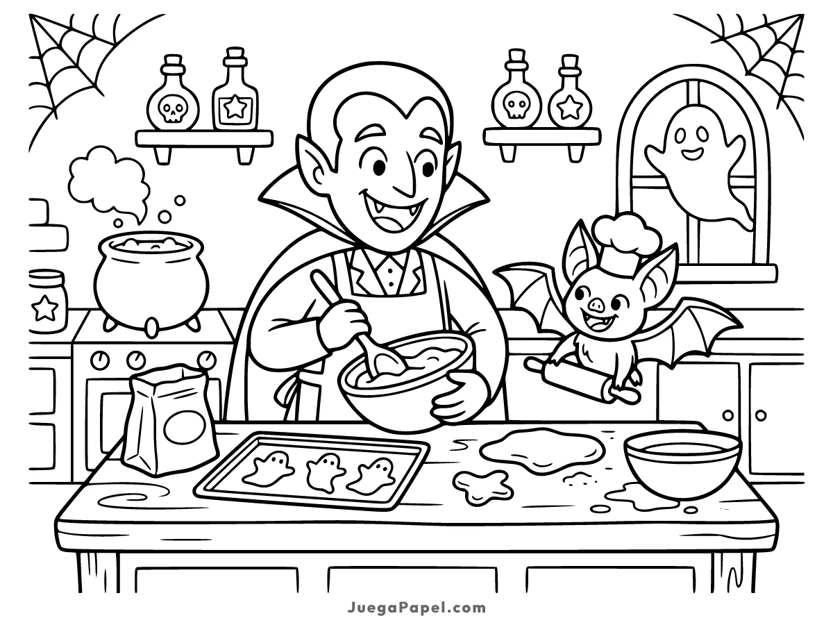 Dibujo para colorear e imprimir de Drácula y Murciélago Cocinando Galletas de Fantasmas