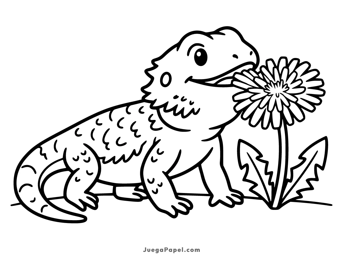 Dibujo para colorear e imprimir de Dragón Barbudo Comiendo una Flor