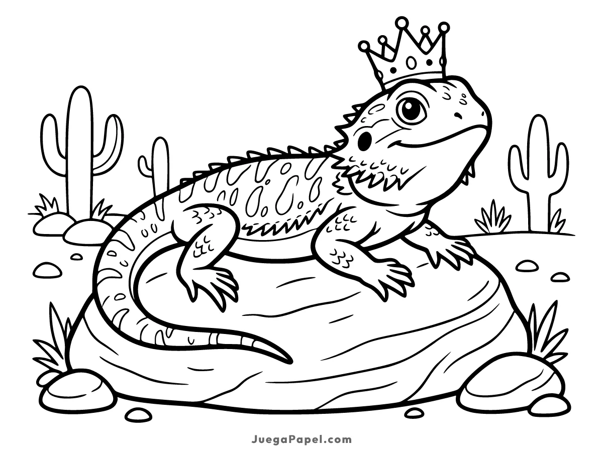 Dibujo para colorear e imprimir de Dragón Barbudo con Corona Real sobre una Roca
