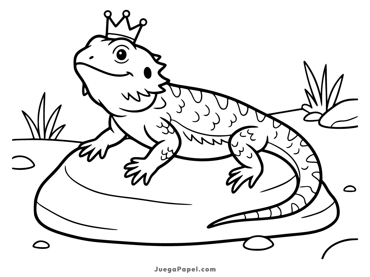 Dibujo para colorear e imprimir de Dragón Barbudo con Coronita en una Roca