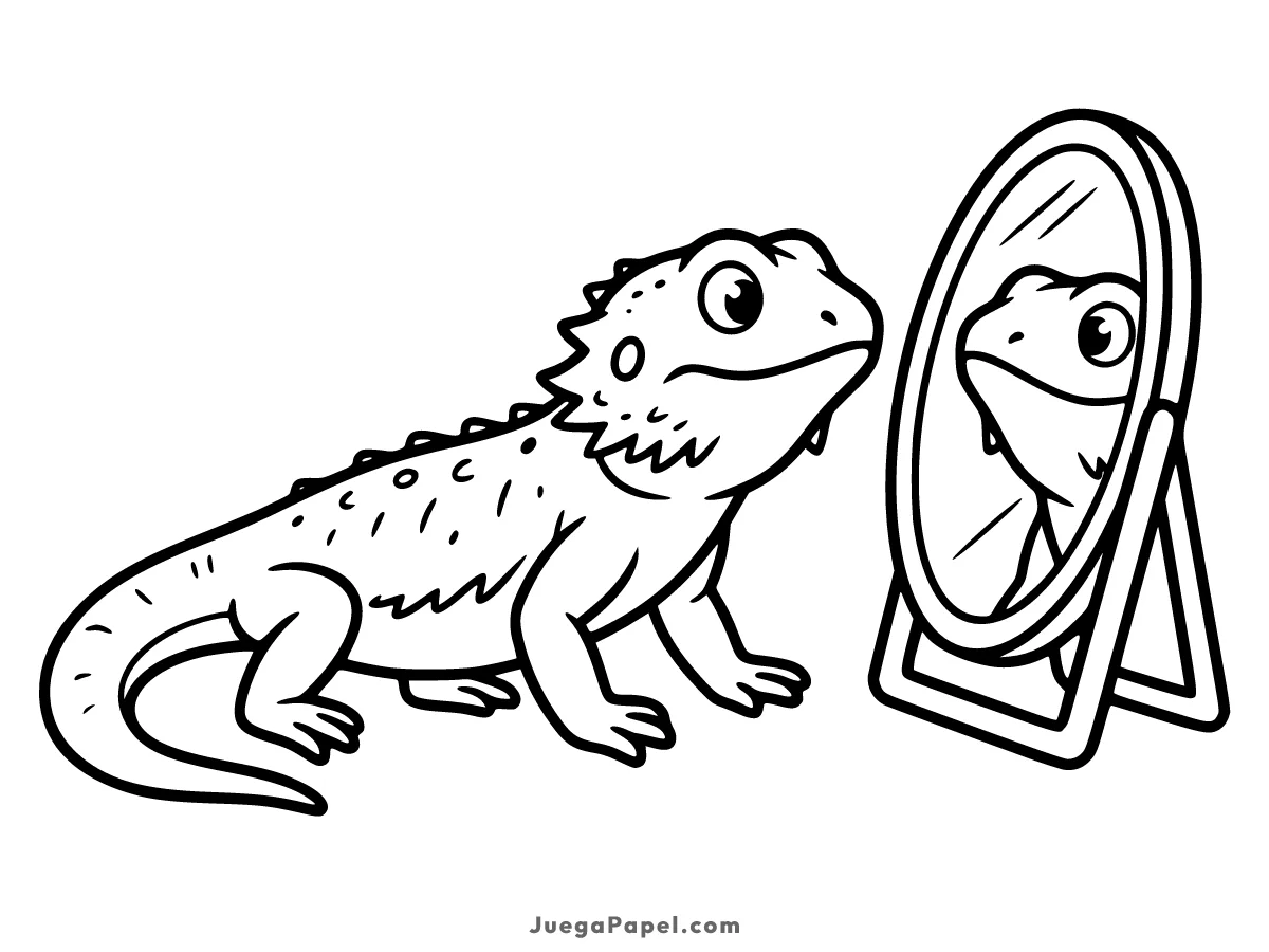 Dibujo para colorear e imprimir de Dragón Barbudo Curioso Mirándose en el Espejo