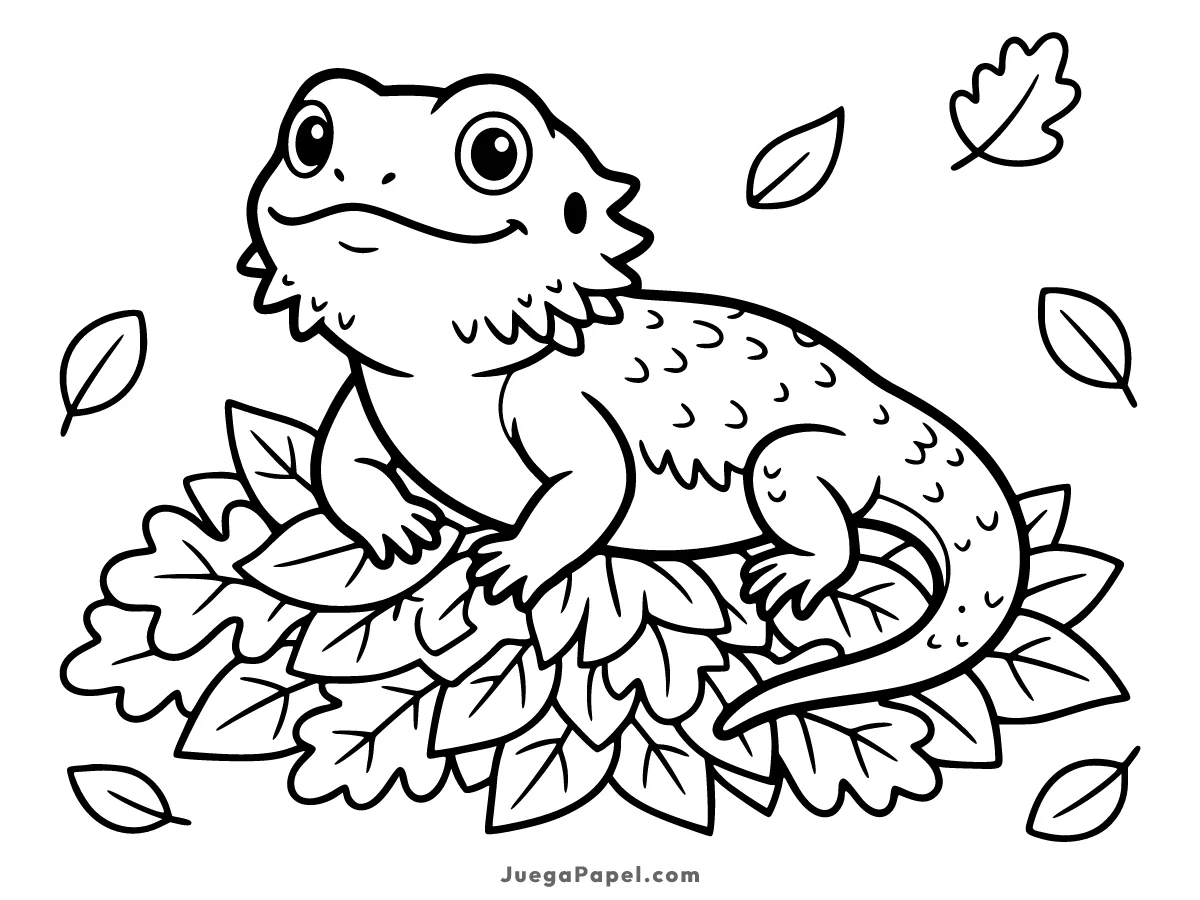 Dibujo para colorear e imprimir de Dragón Barbudo Feliz entre Hojas