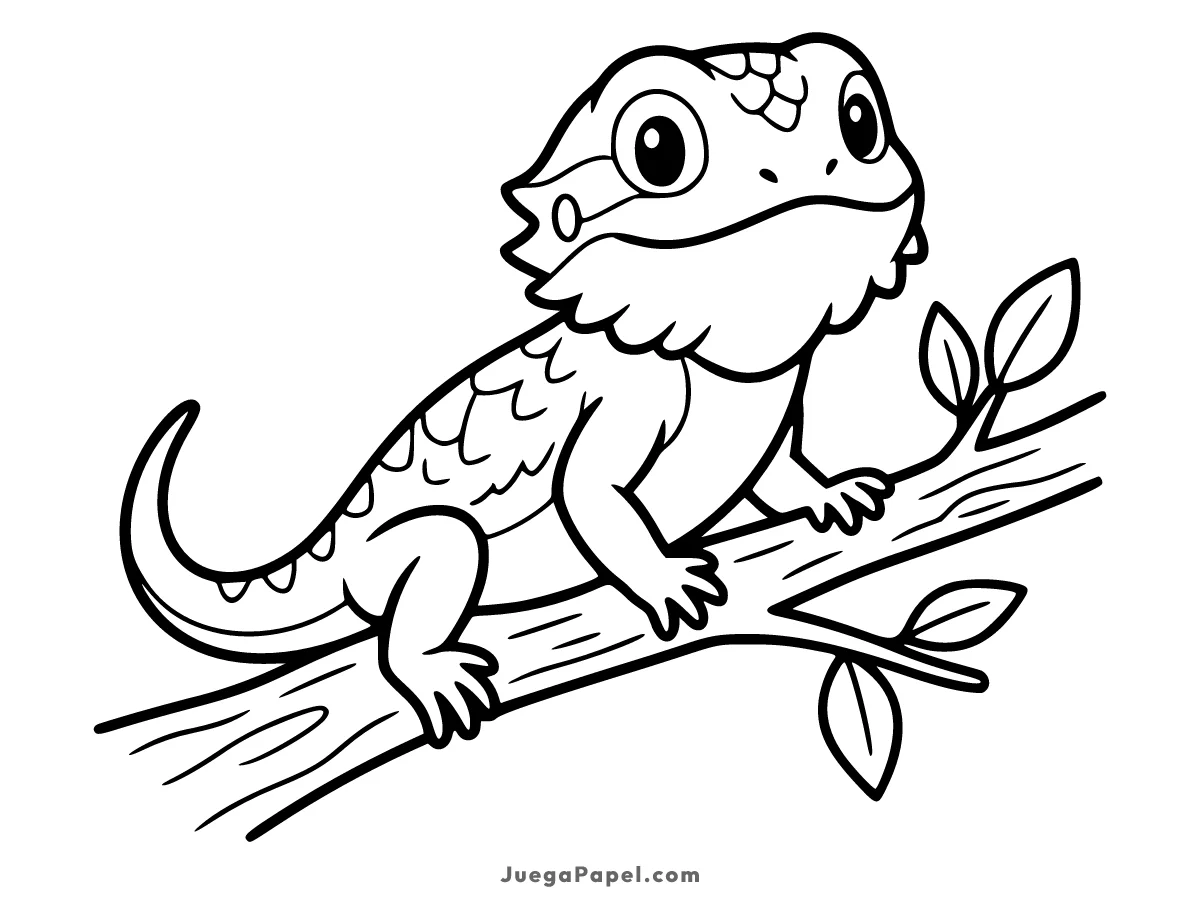 Dibujo para colorear e imprimir de Dragón Barbudo Feliz sobre una Rama