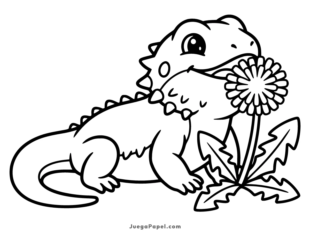Dibujo para colorear e imprimir de Dragón Barbudo Tierno Comiendo una Flor
