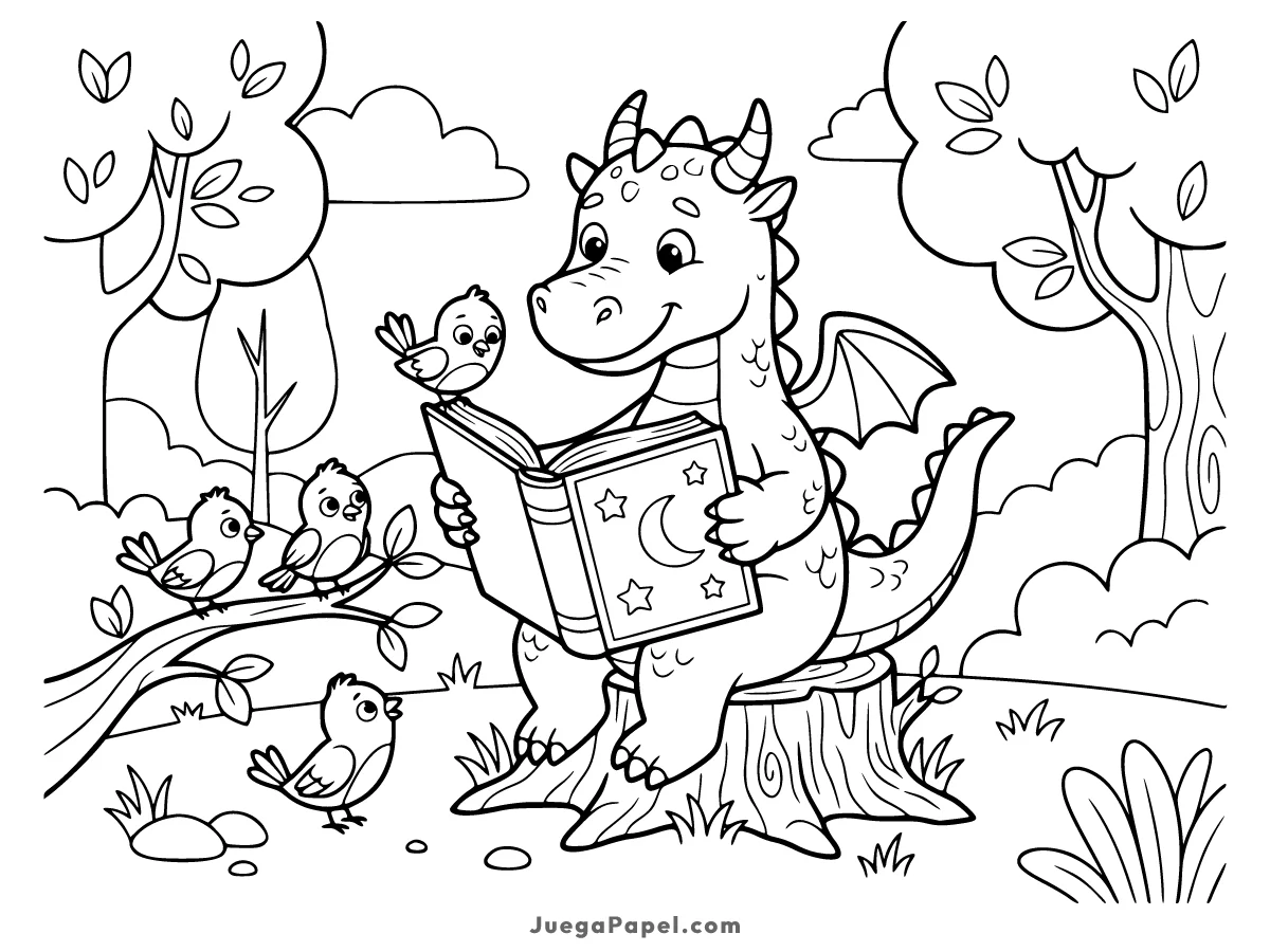 Dibujo para colorear e imprimir de Dragón Leyendo un Cuento a Pájaros