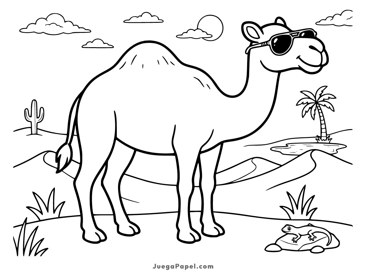 Dibujo para colorear e imprimir de Dromedario con Gafas de Sol en el Desierto