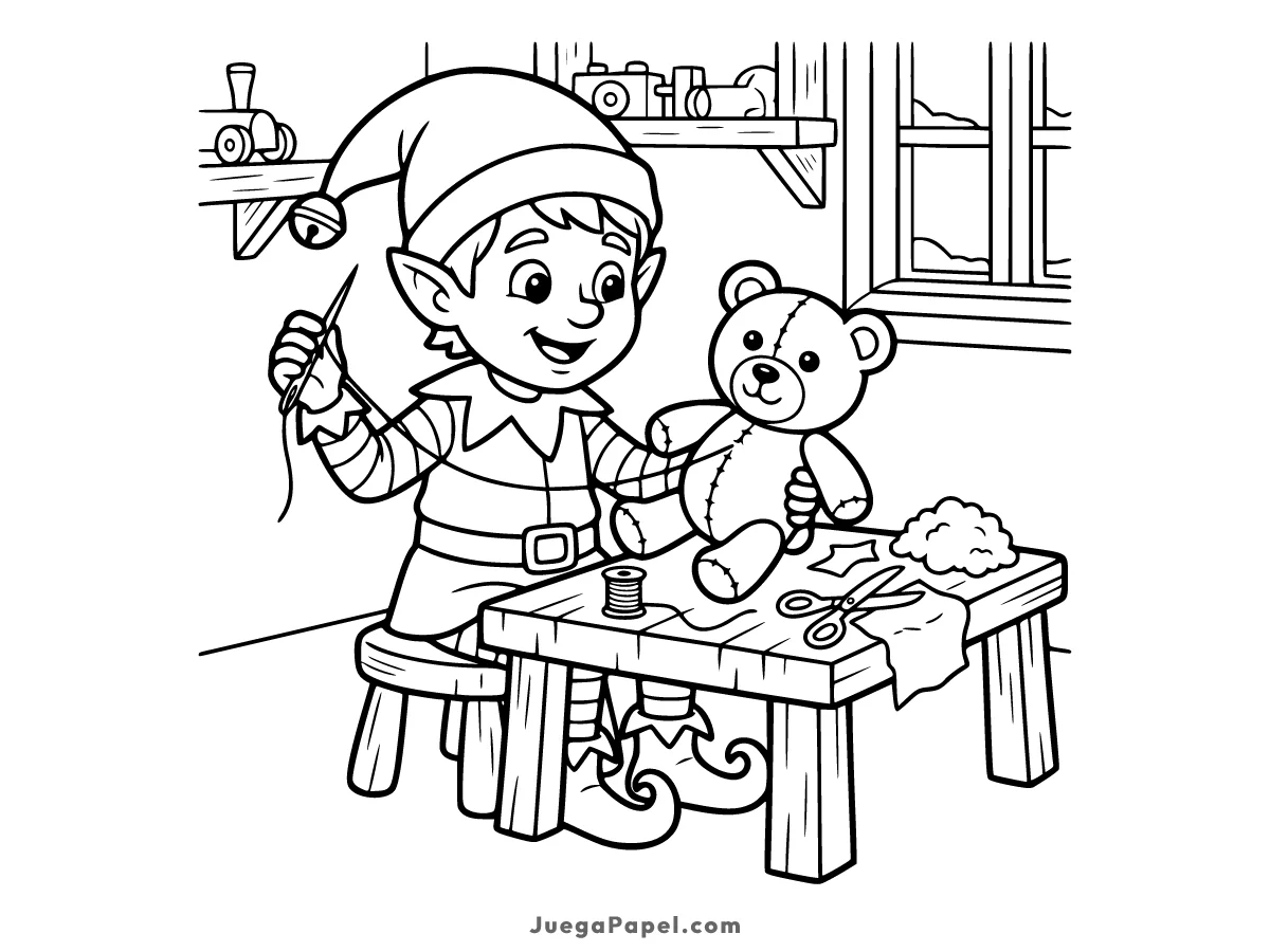 Dibujo para colorear e imprimir de Duende Navideño Haciendo un Oso de Peluche