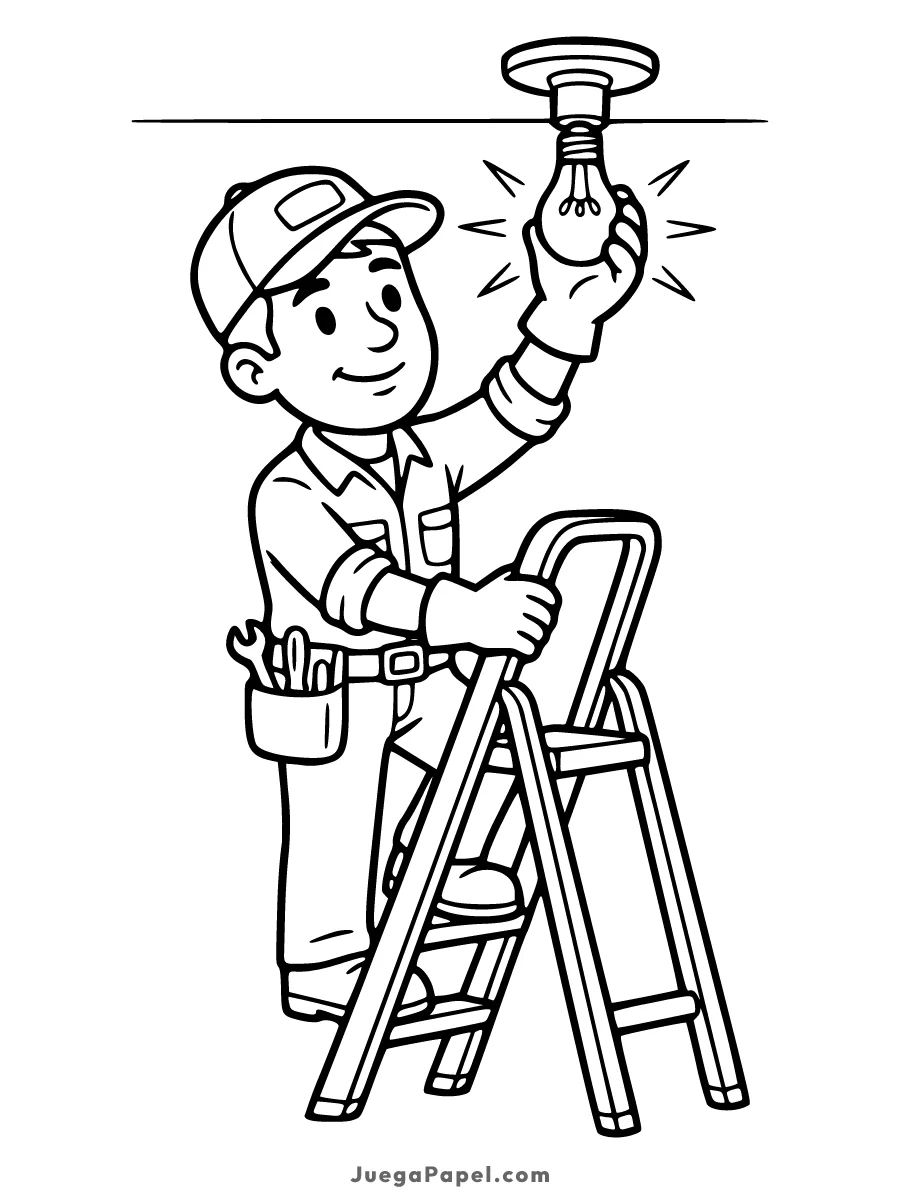 Dibujo para colorear e imprimir de Electricista Poniendo Bombilla