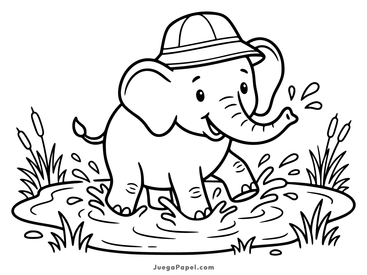 Dibujo para colorear e imprimir de Elefante Aventurero Jugando en el Agua