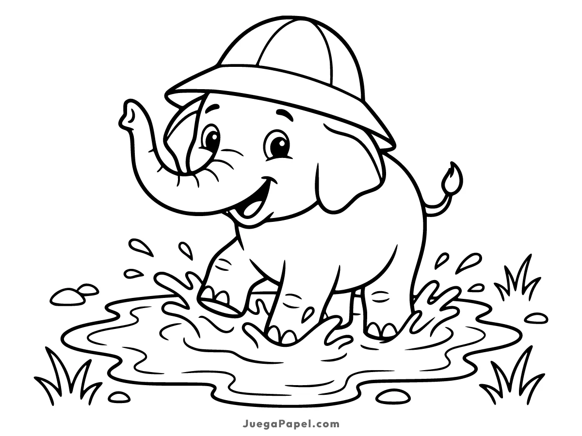 Dibujo para colorear e imprimir de Elefante Aventurero Jugando en el Lodo