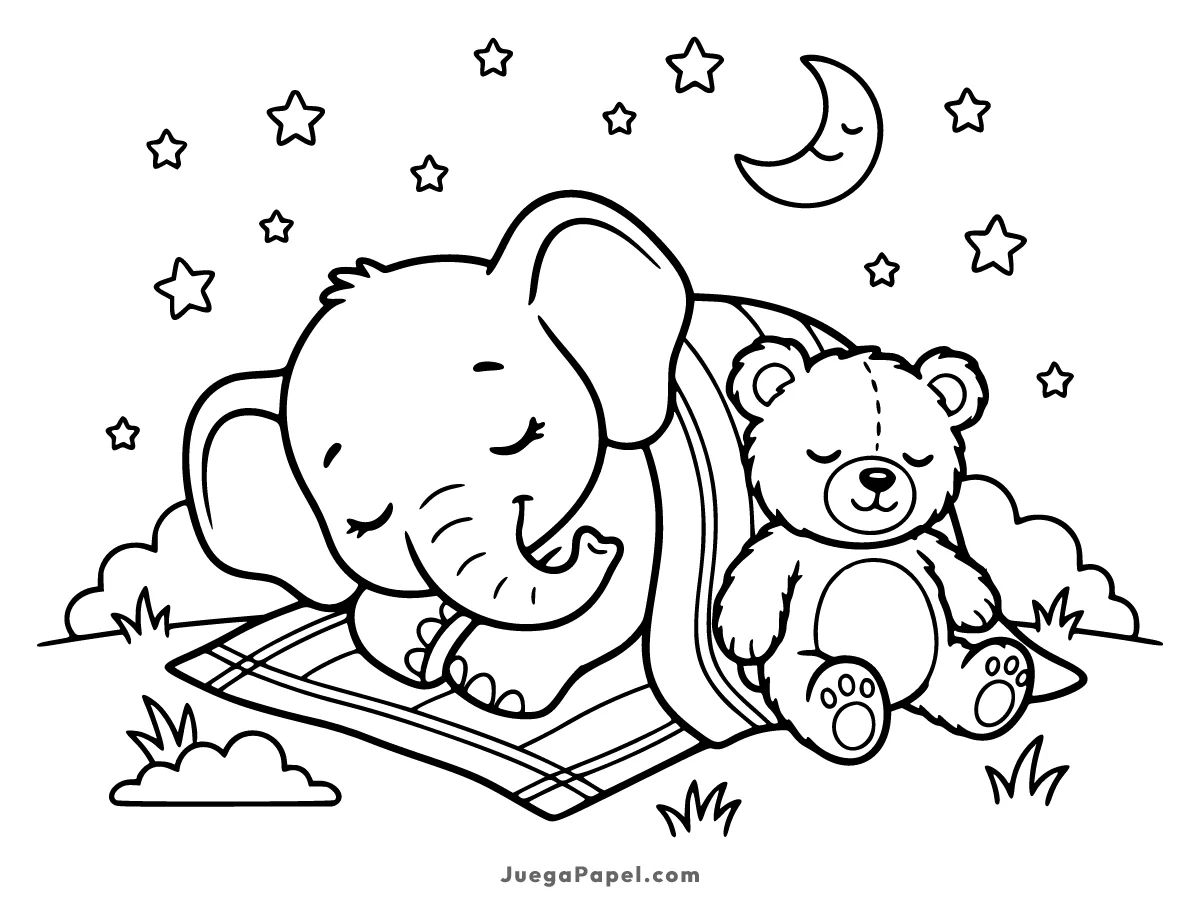 Dibujo para colorear e imprimir de Elefante Bebé Durmiendo Bajo las Estrellas con su Osito