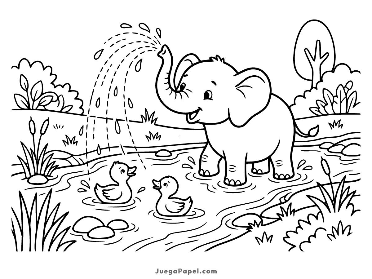 Dibujo para colorear e imprimir de Elefante Jugando con Agua en el Río
