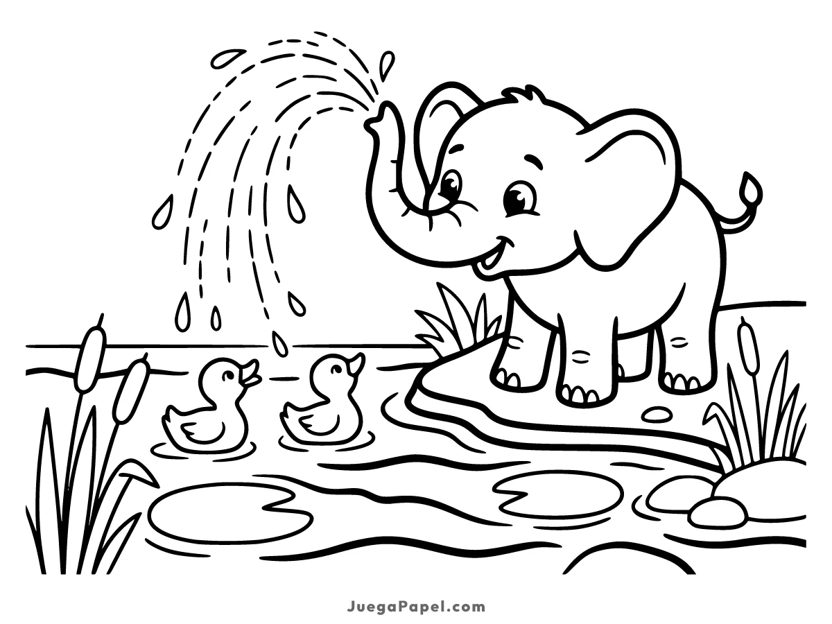 Dibujo para colorear e imprimir de Elefante Jugando con Agua y Patitos