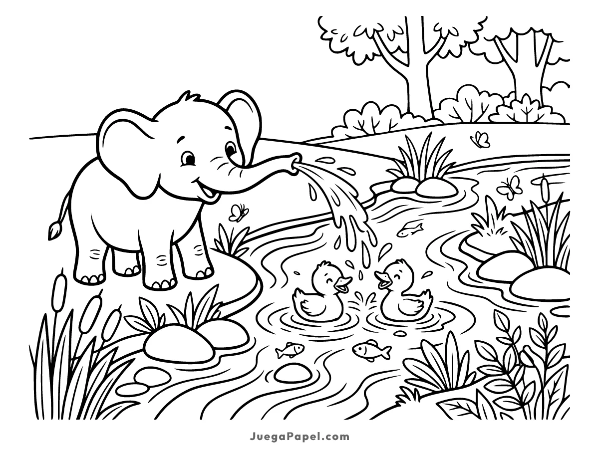 Dibujo para colorear e imprimir de Elefante Jugando con Agua y Patitos en el Río