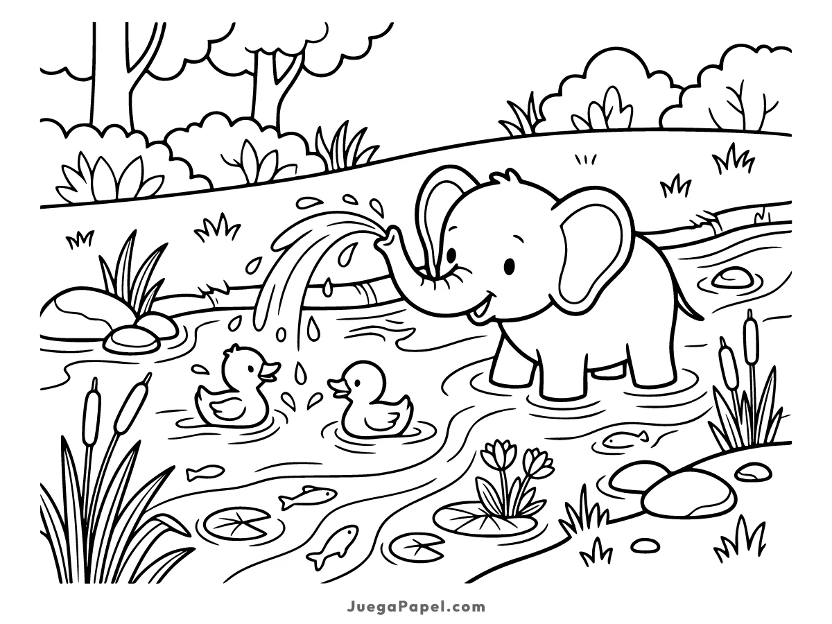 Dibujo para colorear e imprimir de Elefante Jugando con Patitos en el Río