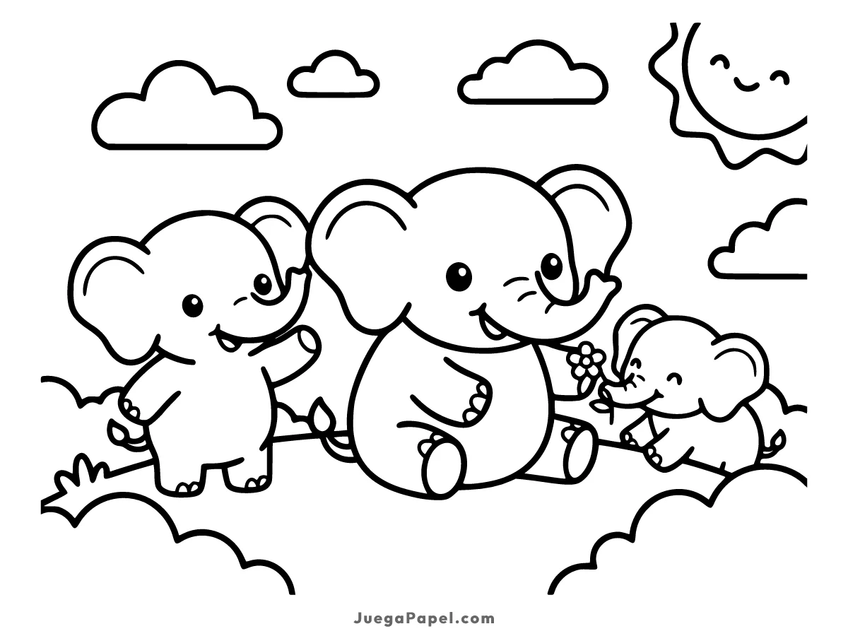 Dibujo para colorear e imprimir de Elefantes Kawaii en el Campo