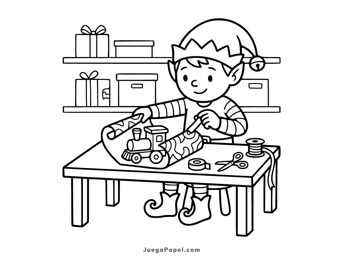 Dibujo para colorear e imprimir de Elfo de Navidad Envolviendo un Tren de