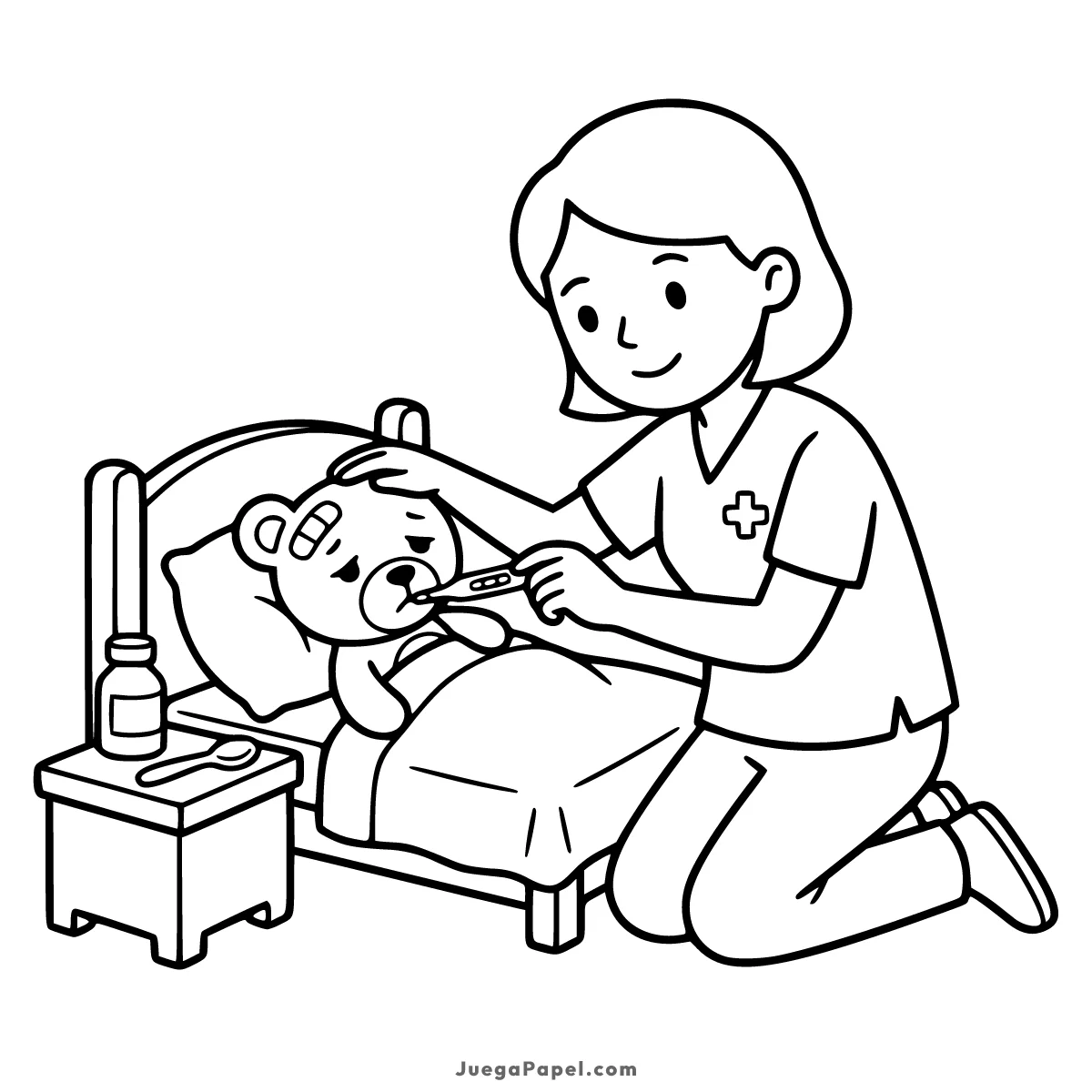 Dibujo para colorear e imprimir de Enfermera cuidando de Oso de peluche