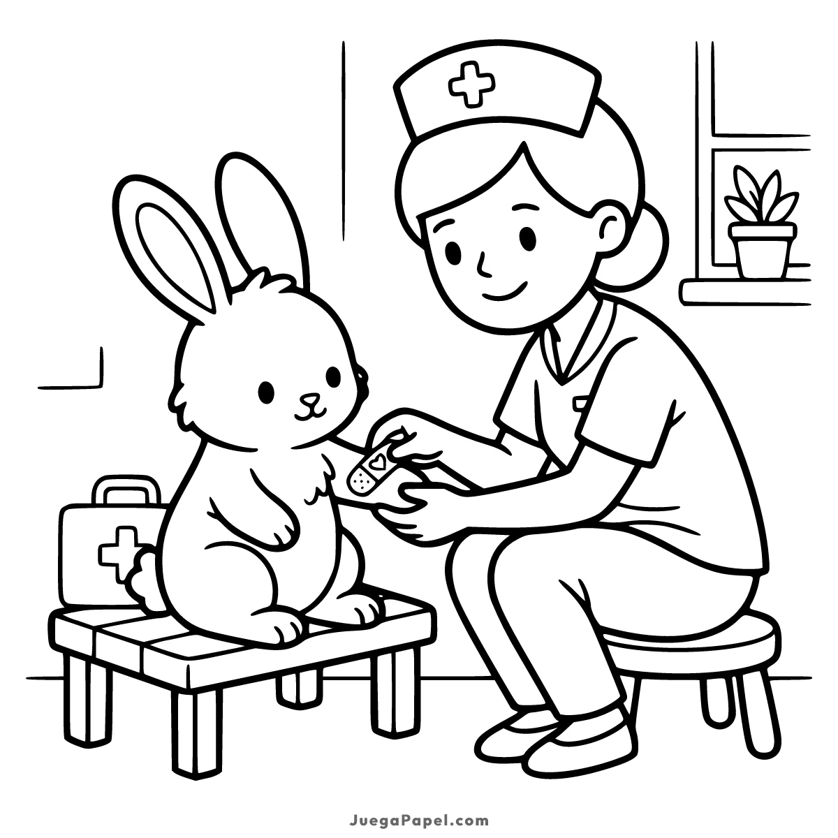 Dibujo para colorear e imprimir de Enfermera poniendo una tirita en la patita de un conejito
