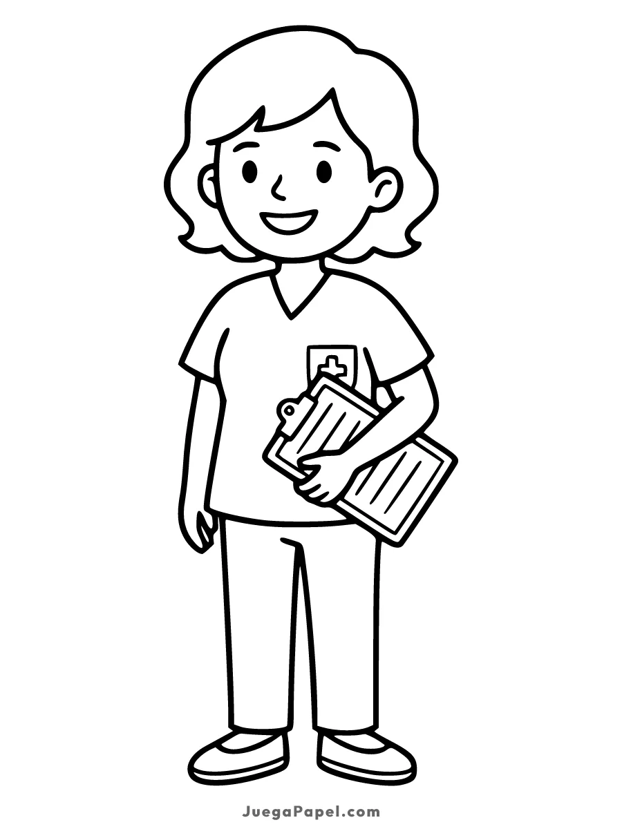 Dibujo para colorear e imprimir de Enfermera Sonriente con Historial Médico