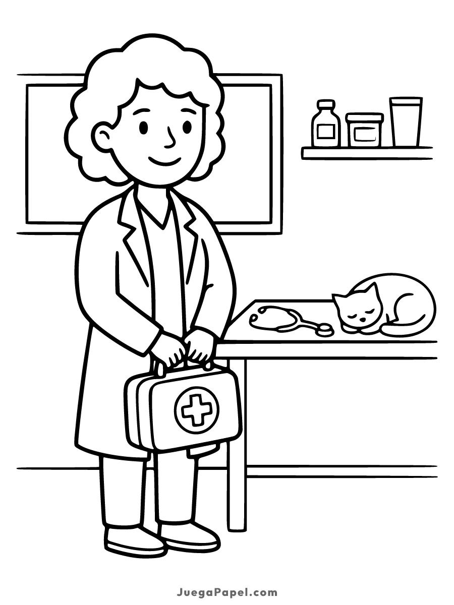 Dibujo para colorear e imprimir de Enfermera Sonriente con Maletín Médico y Gato