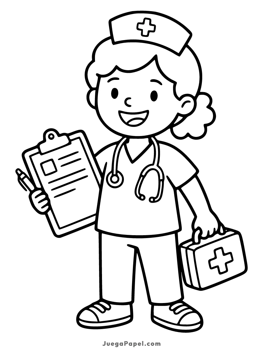 Dibujo para colorear e imprimir de Enfermera Sonriente con Portapapeles y Maletín