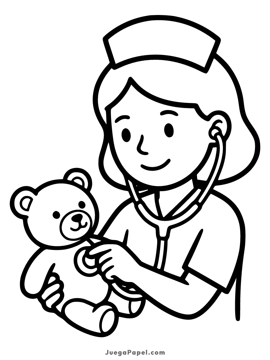 Dibujo para colorear e imprimir de Enfermera Sonriente Cuidando a un Osito