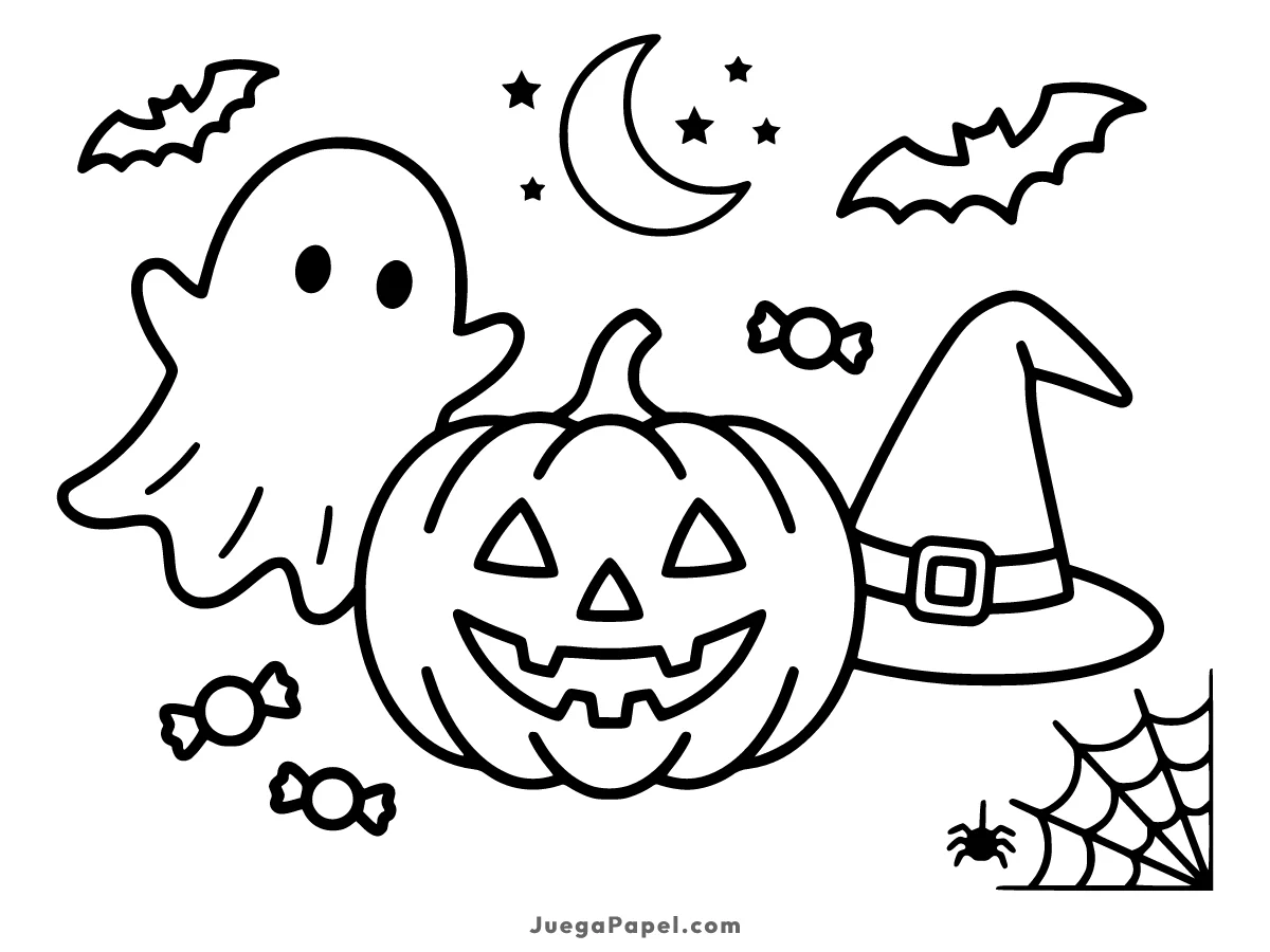 Dibujo para colorear e imprimir de Escena Mágica de Halloween con Calabaza y Fantasma