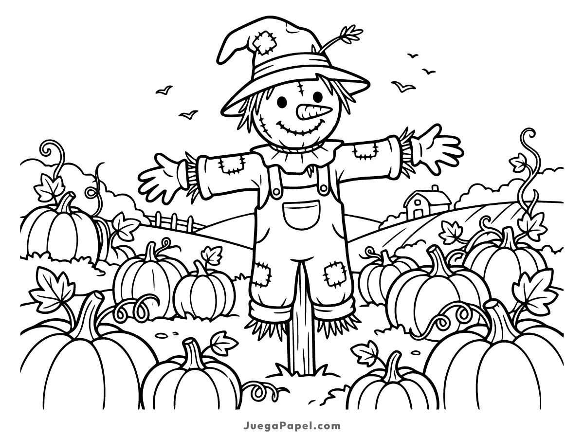 Dibujo para colorear e imprimir de Espantapájaros Amigable en el Calabazal