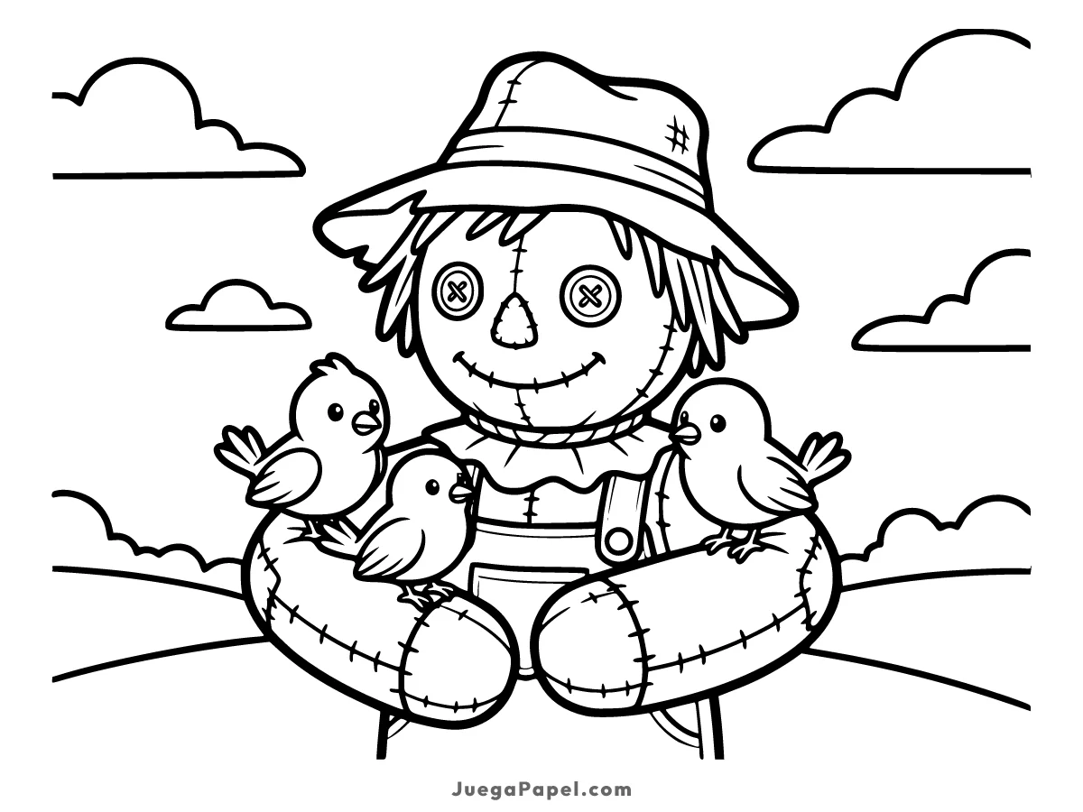 Dibujo para colorear e imprimir de Espantapájaros con pájaros en sus brazos